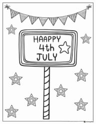 Happy 4th of July Sign Coloring Page with Bunting and Stars