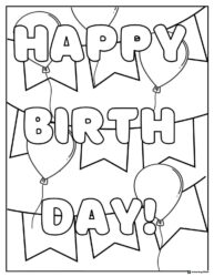 Happy Birthday Coloring Page with Balloons and Bunting Flags