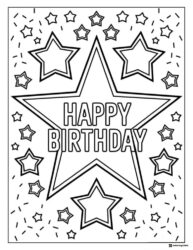 Happy Birthday Coloring Page with Stars and Confetti
