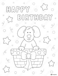 Happy Birthday Coloring Sheet with Puppy in Gift Basket