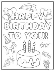 Happy Birthday to You Coloring Page with Cake and Party Icons