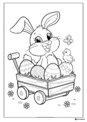 Happy Bunny Coloring Page Riding Wagon of Decorated Eggs