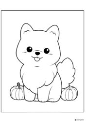 Happy Dog Coloring Page with Pumpkins and Fluffy Tail