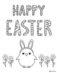 Happy Easter Bird Coloring Sheet with Flowers and Lettering