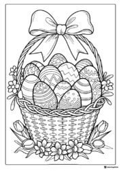 Happy Easter Bunny Coloring Page with Basket of Eggs