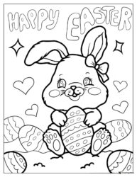 Happy Easter Bunny Coloring Page with Bow and Patterned Eggs