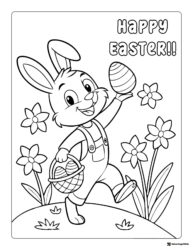 Happy Easter Bunny Coloring Page with Flowers and Basket