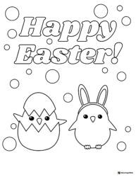 Happy Easter Coloring Page with Chick and Bunny Birds