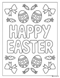 Happy Easter Coloring Page with Eggs Carrots and Bows
