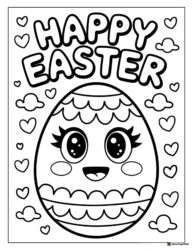 Happy Easter Egg Coloring Page with Hearts and Clouds