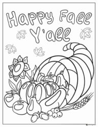 Happy Fall Yall Coloring Page with Cornucopia and Fruit