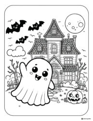 Happy Ghost Coloring Page with Haunted House and Bats