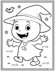 Happy Ghost Kid Coloring Page with Witch Hat and Stars