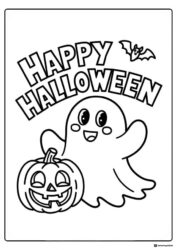 Happy Ghost and Pumpkin Coloring Page with Smiling Bat
