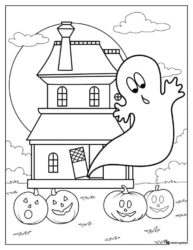 Happy Ghost in Front of Haunted House Coloring Page