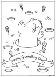 Happy Groundhog Day Banner Coloring Page with Popping Groundhog