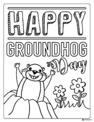 Happy Groundhog Day Coloring Page with Flowers and Smiling Groundhog