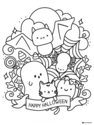 Happy Halloween Coloring Page with Bat Ghost and Candy
