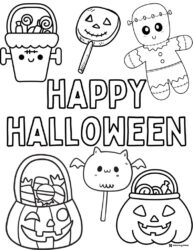Happy Halloween Coloring Page with Candy Buckets and Lollipops