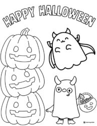 Happy Halloween Coloring Page with Pumpkins and Cute Monsters