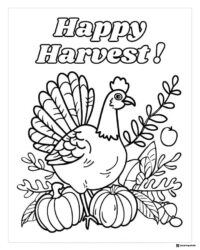 Happy Harvest Coloring Sheet with Turkey and Pumpkins