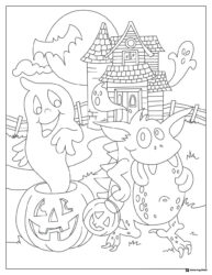 Happy Monster and Ghost Coloring Page at Haunted House Scene