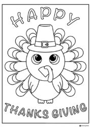 Happy Thanksgiving Coloring Page with Big Eyed Turkey and Hat