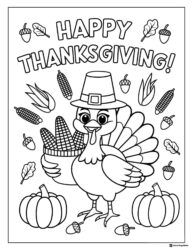 Happy Thanksgiving Coloring Page with Corn Holding Turkey