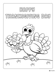 Happy Thanksgiving Day Coloring Page with Smiling Turkey and Flowers