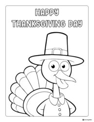 Happy Thanksgiving Day Turkey Coloring Page with Pilgrim Hat