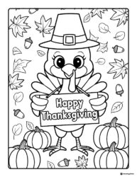 Happy Thanksgiving Sign Turkey Coloring Page with Pumpkins and Leaves