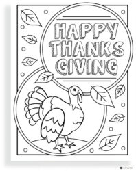 Happy Thanksgiving Turkey Coloring Page with Leaves