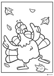 Happy Turkey Coloring Page with Falling Autumn Leaves