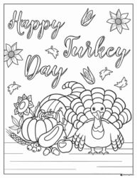 Happy Turkey Day Coloring Page with Harvest Vegetables