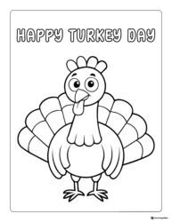 Happy Turkey Day Coloring Page with Smiling Cartoon Turkey