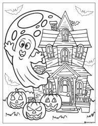 Haunted House Coloring Page with Ghost and Pumpkins
