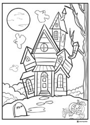 Haunted House Coloring Page with Ghosts and Pumpkins