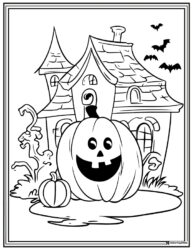 Haunted House Coloring Page with Jack o Lantern and Flying Bats