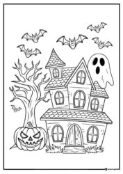 Haunted House Coloring Sheet with Ghost Bats and Pumpkin