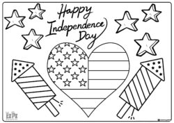 Heart Shaped USA Flag Coloring Page with Rockets and Stars