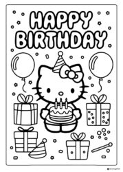 Hello Kitty Birthday Coloring Page with Cake and Gifts