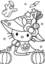 Hello Kitty Witch Coloring Page with Pumpkins and Ghost