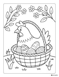 Hen in Easter Basket Coloring Page with Patterned Eggs