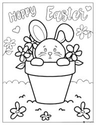 Hoppy Easter Bunny Coloring Page in Flower Pot with Blooms