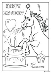 Horse Birthday Coloring Page with Cake Balloons and Party Hat