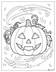 Jack o Lantern Coloring Page with Bats and Swirling Leaves