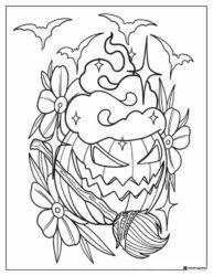 Jack o Lantern Coloring Page with Witch Hat Flowers and Bats