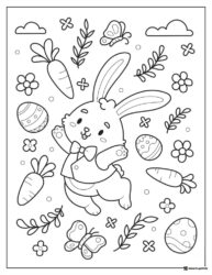 Jumping Bunny Coloring Page with Carrots and Easter Eggs