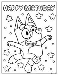 Jumping Puppy Birthday Coloring Page with Stars and Confetti