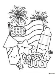 Kawaii 4th of July Coloring Page with Flag Fireworks and Stars